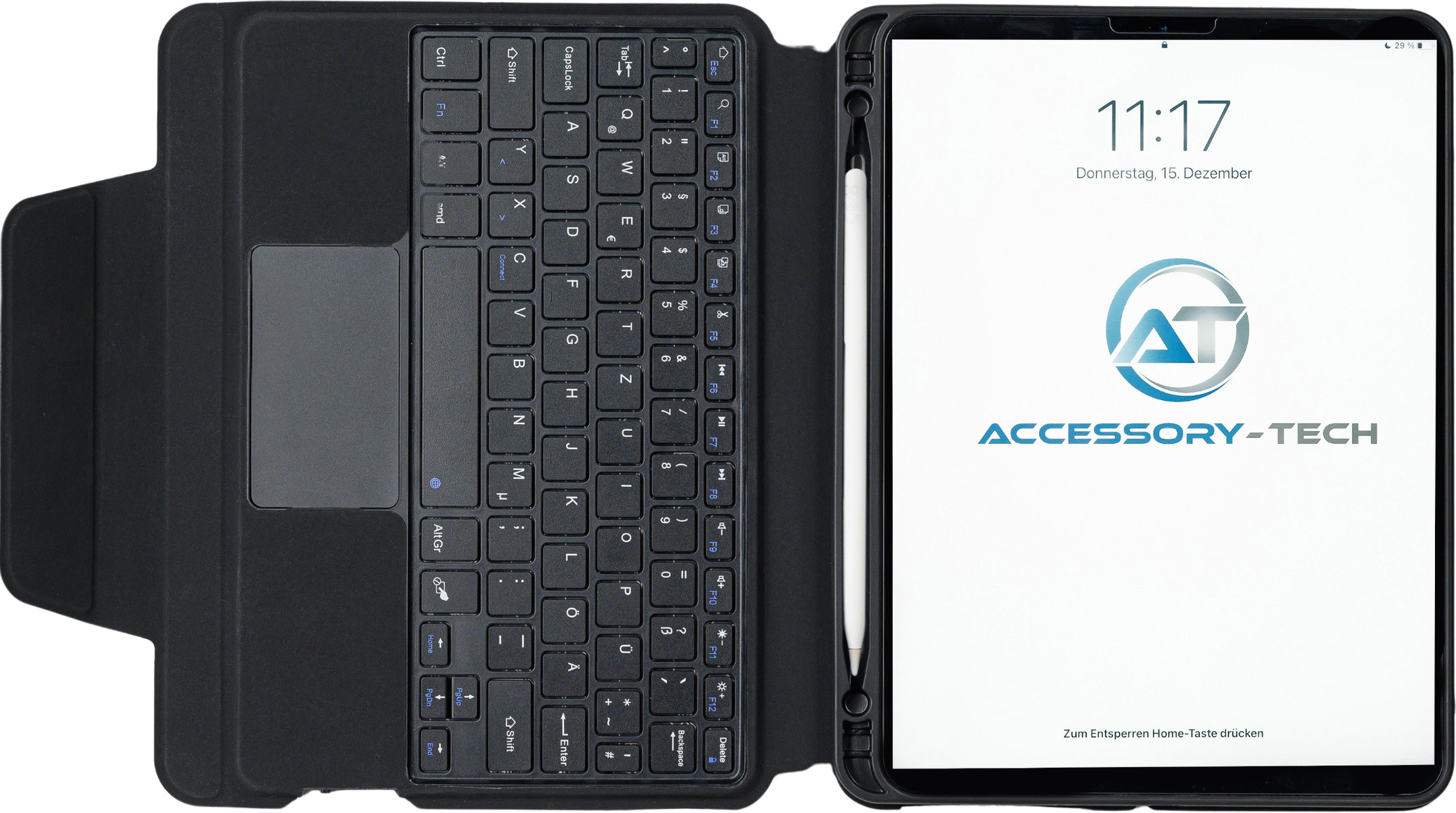 Highlight der Tastaturschutzhülle ist das abnehmbare innere Case, womit das Apple iPad schnell und bequem auch einzeln genutzt werden kann. Die Schutzhülle ist mit einem innenliegenden Stifthalter ausgestattet, in dem der Apple Pencil zuverlässig aufbewah