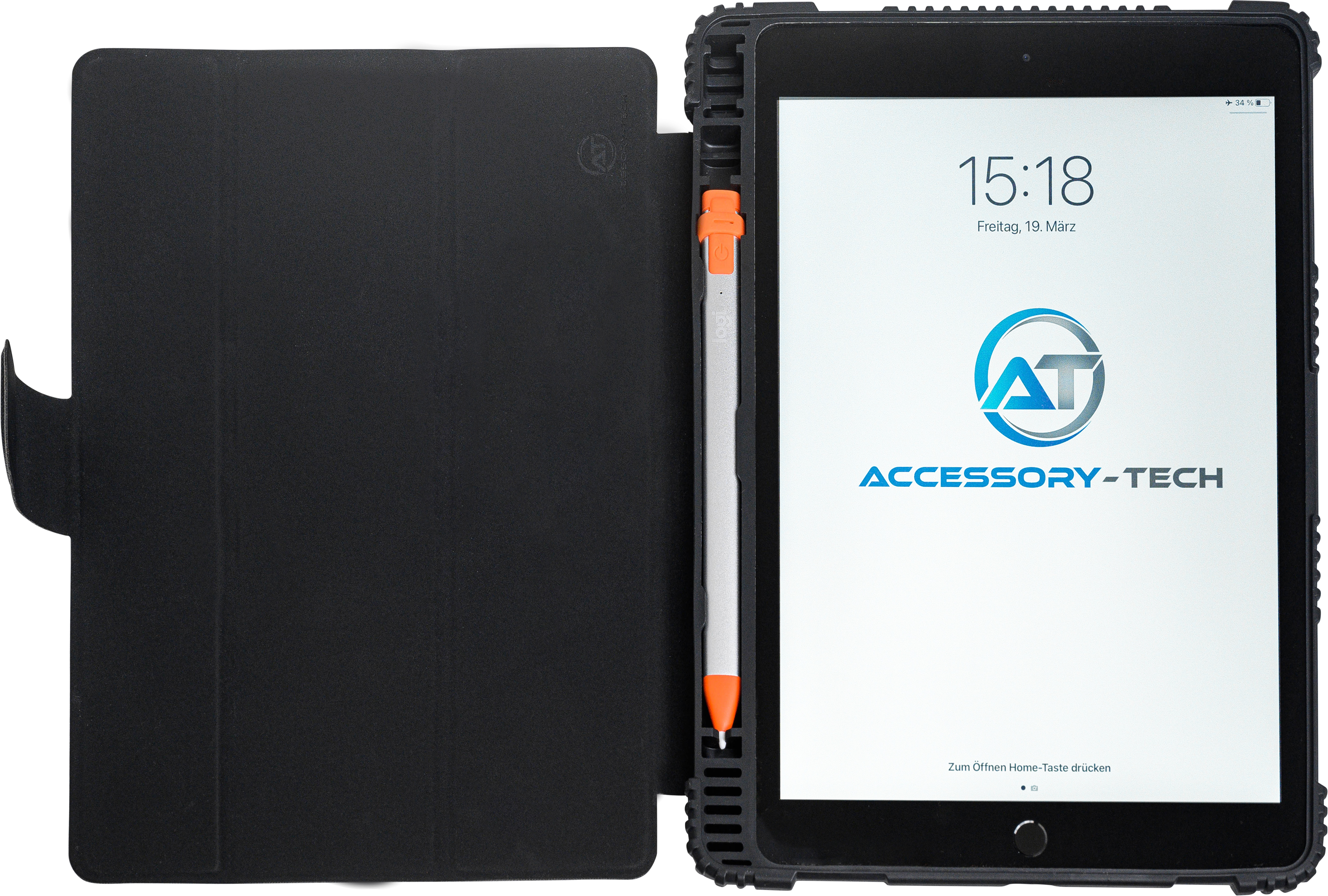 Education Rugged Case geöffnete Vorderseite mit eingelegtem Logitech Crayon Stift